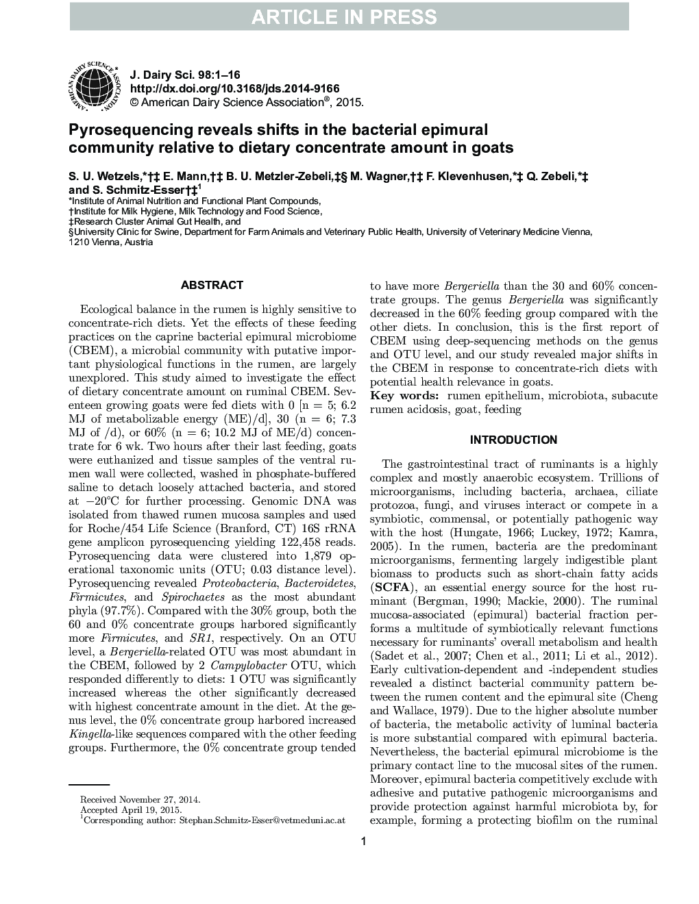 عکس صفحه اول مقاله: Pyrosequencing reveals shifts in the bacterial epimural community relative to dietary concentrate amount in goats Pyrosequencing reveals shifts in the bacterial epimural community relative to dietary concentrate amount in goats