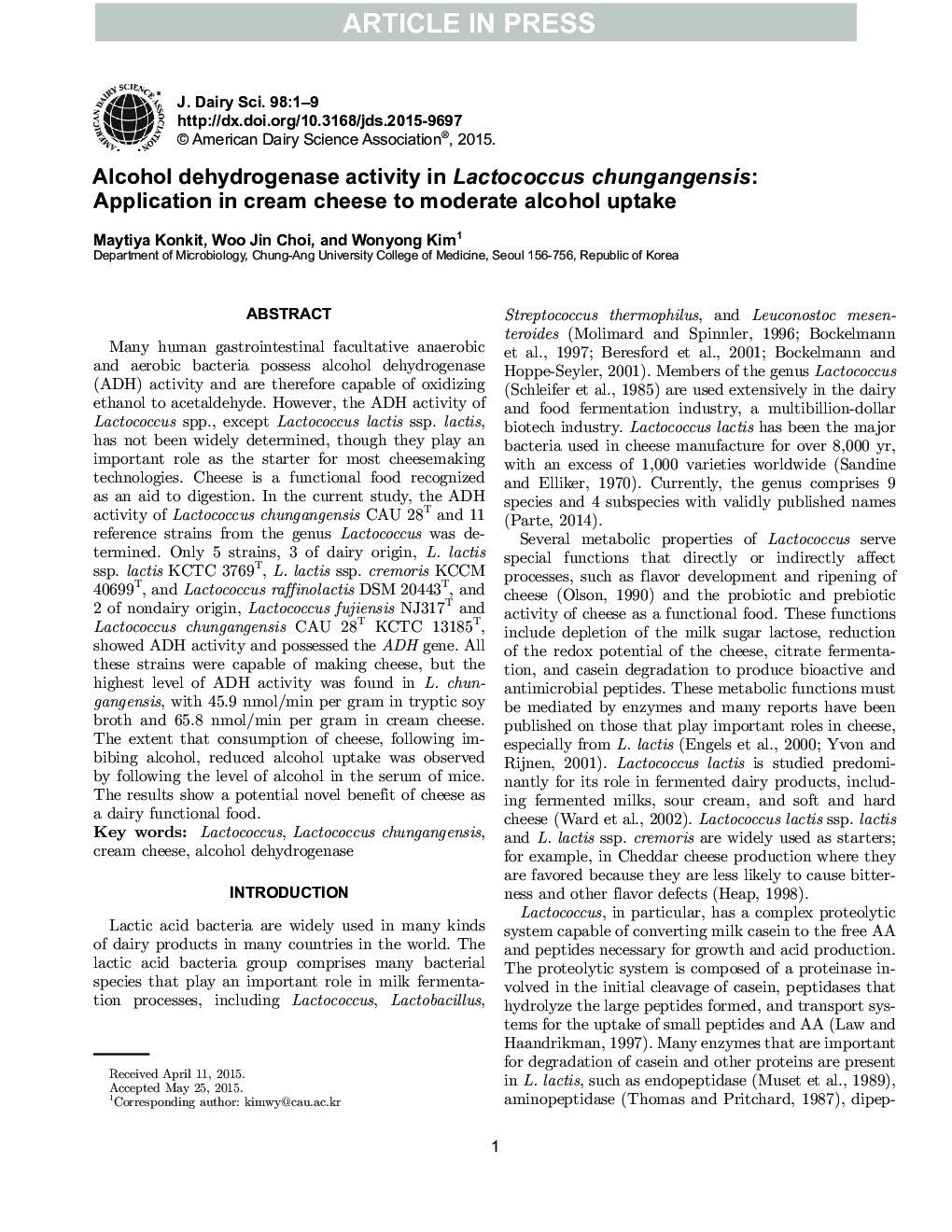 Alcohol dehydrogenase activity in Lactococcus chungangensis: Application in cream cheese to moderate alcohol uptake