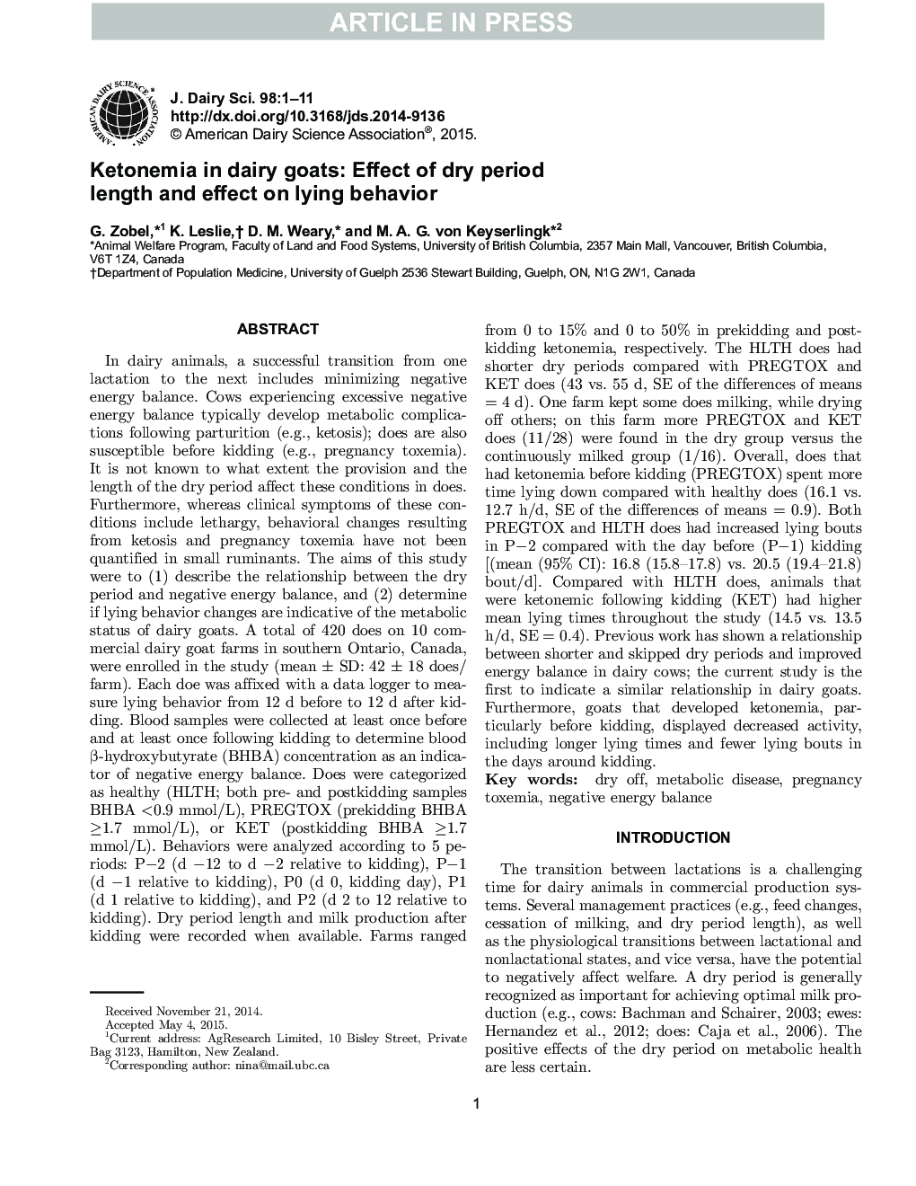 Ketonemia in dairy goats: Effect of dry period length and effect on lying behavior