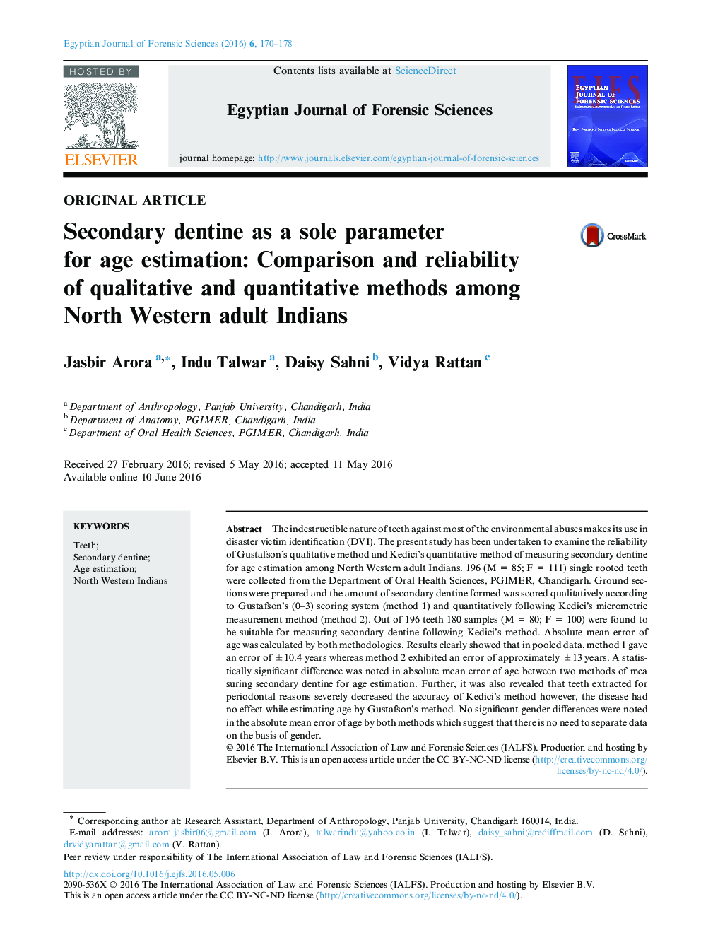 Secondary dentine as a sole parameter for age estimation: Comparison and reliability of qualitative and quantitative methods among North Western adult Indians 