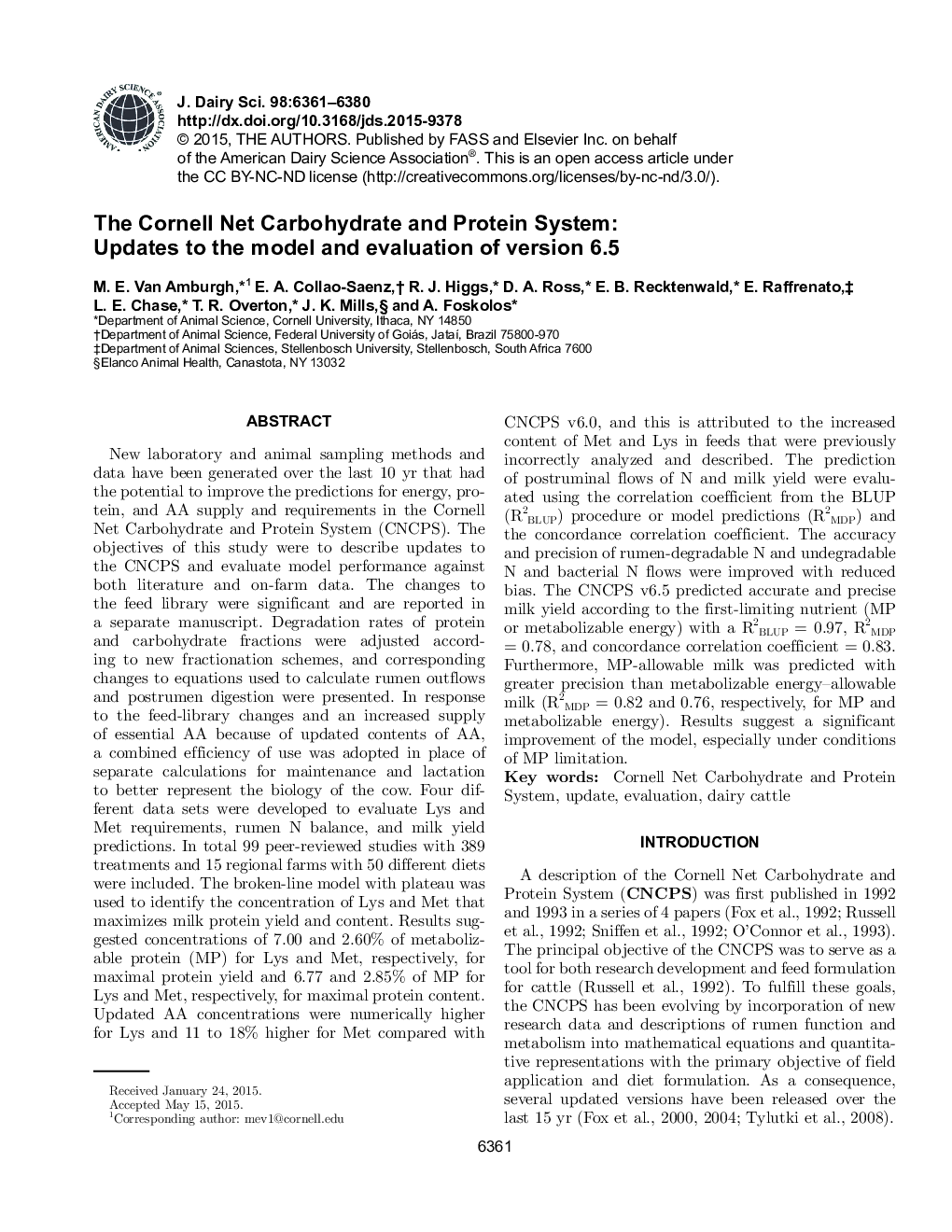 The Cornell Net Carbohydrate and Protein System: Updates to the model and evaluation of version 6.5