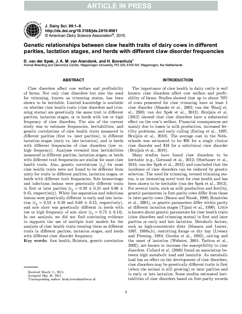 Genetic relationships between claw health traits of dairy cows in different parities, lactation stages, and herds with different claw disorder frequencies