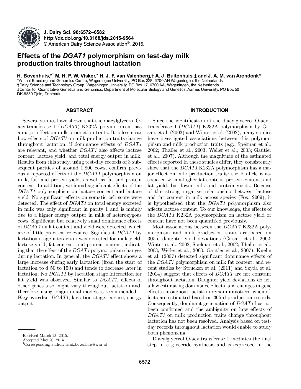 Effects of the DGAT1 polymorphism on test-day milk production traits throughout lactation