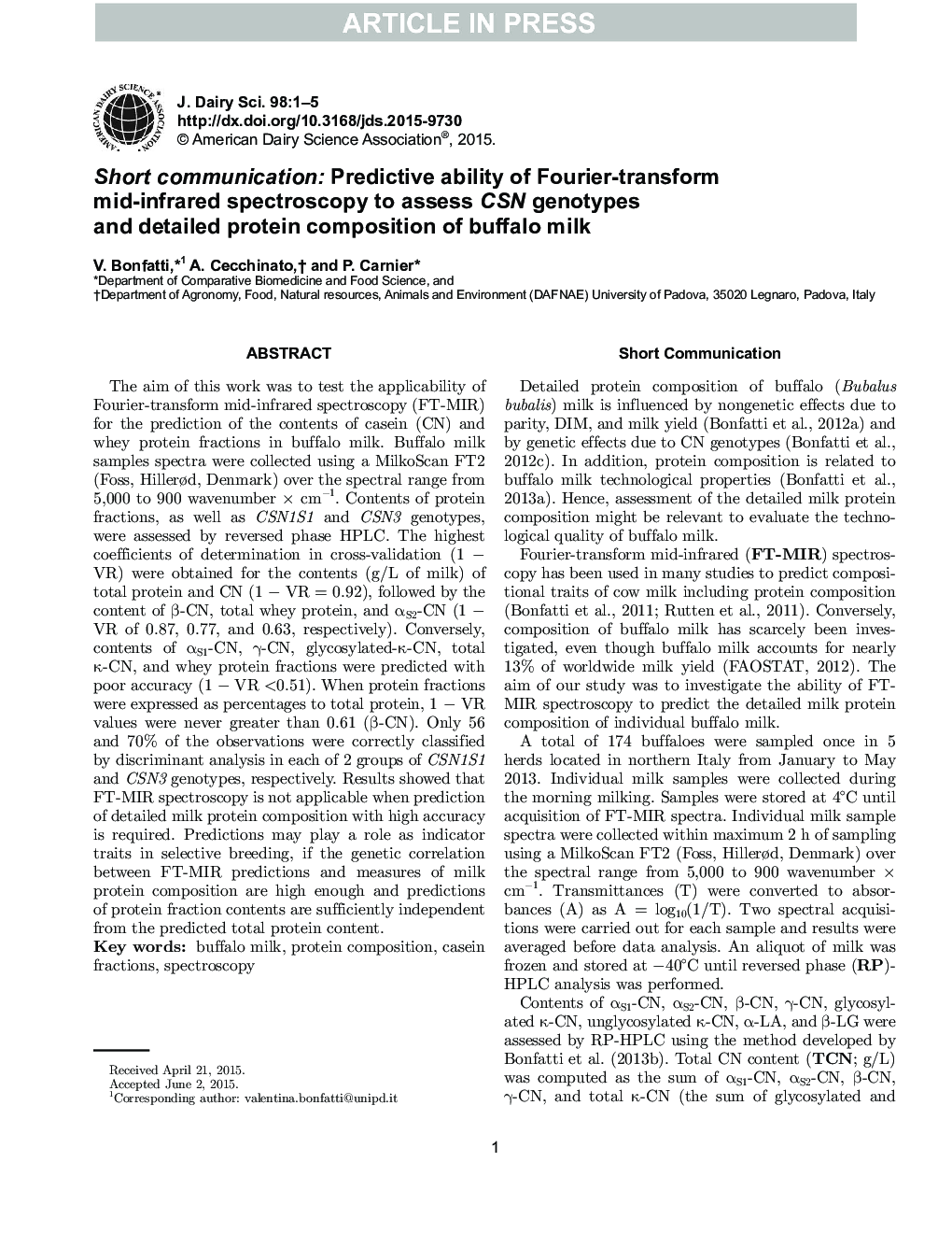 Short communication: Predictive ability of Fourier-transform mid-infrared spectroscopy to assess CSN genotypes and detailed protein composition of buffalo milk