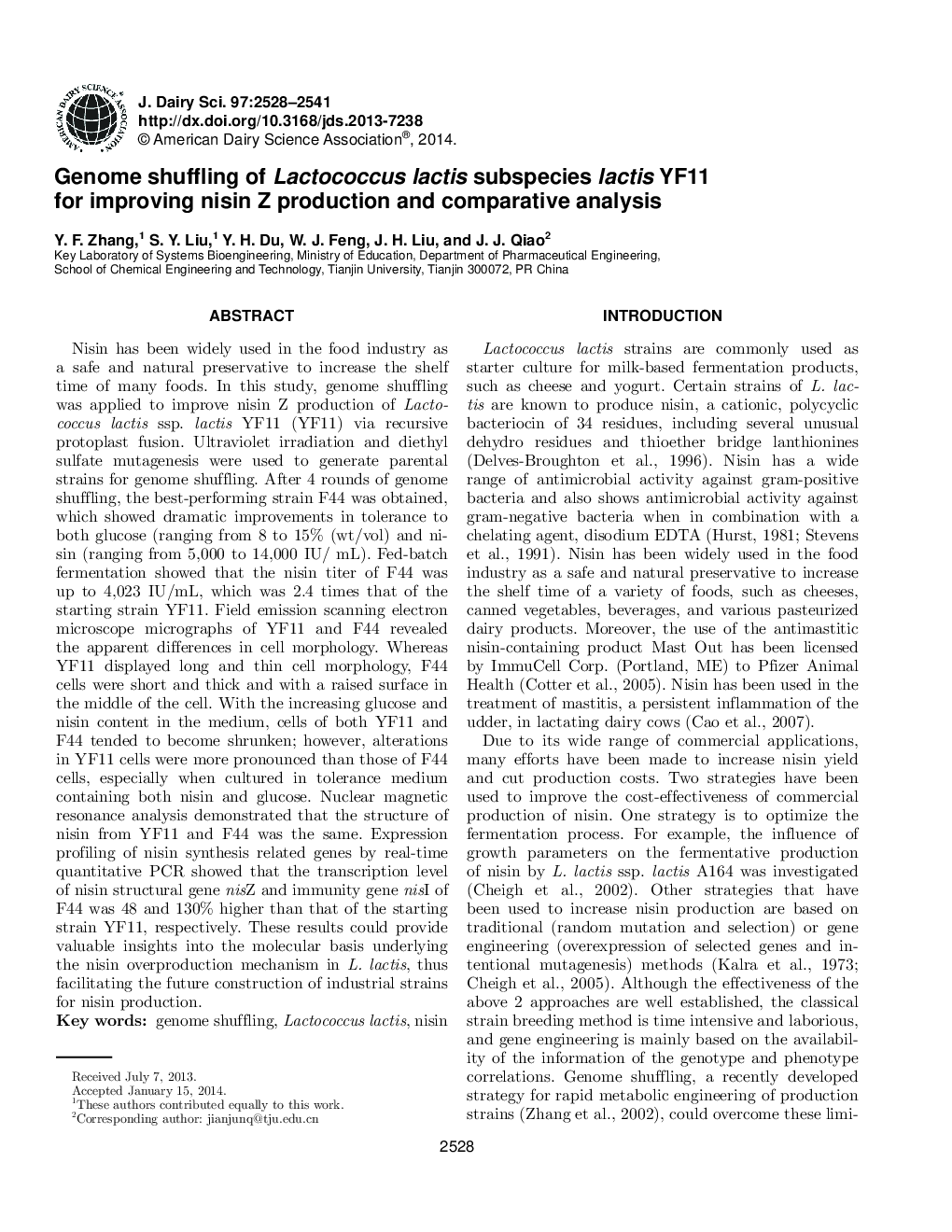 Genome shuffling of Lactococcus lactis subspecies lactis YF11 for improving nisin Z production and comparative analysis