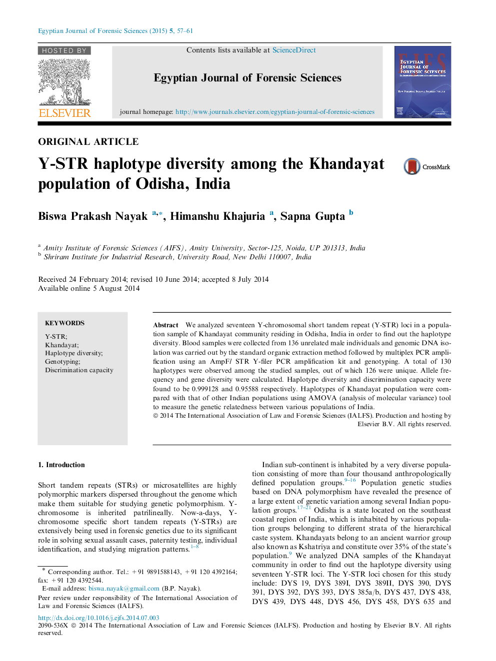 Y-STR haplotype diversity among the Khandayat population of Odisha, India 