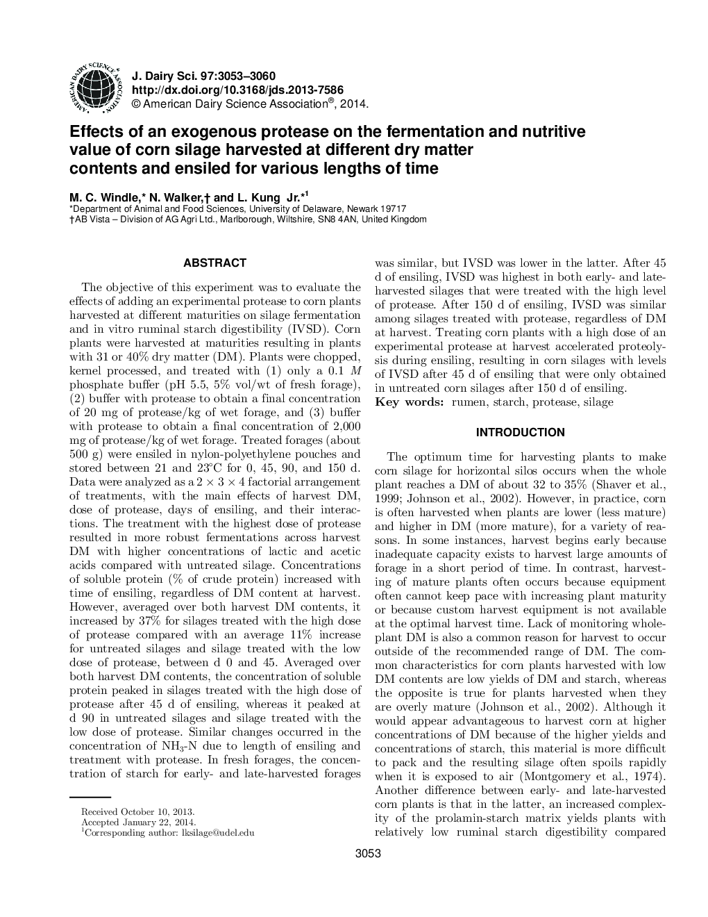 Effects of an exogenous protease on the fermentation and nutritive value of corn silage harvested at different dry matter contents and ensiled for various lengths of time