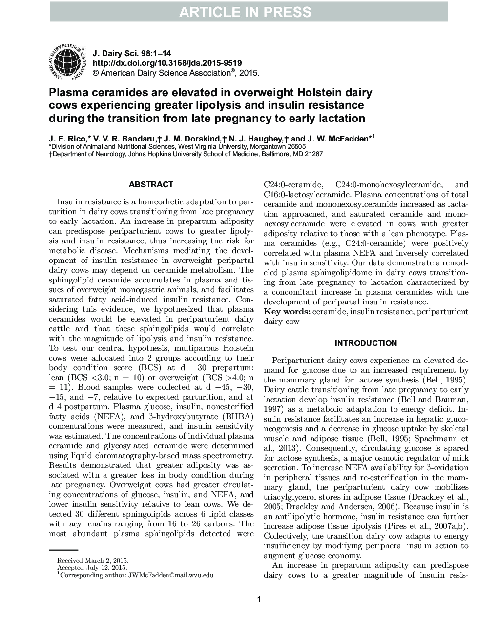 Plasma ceramides are elevated in overweight Holstein dairy cows experiencing greater lipolysis and insulin resistance during the transition from late pregnancy to early lactation