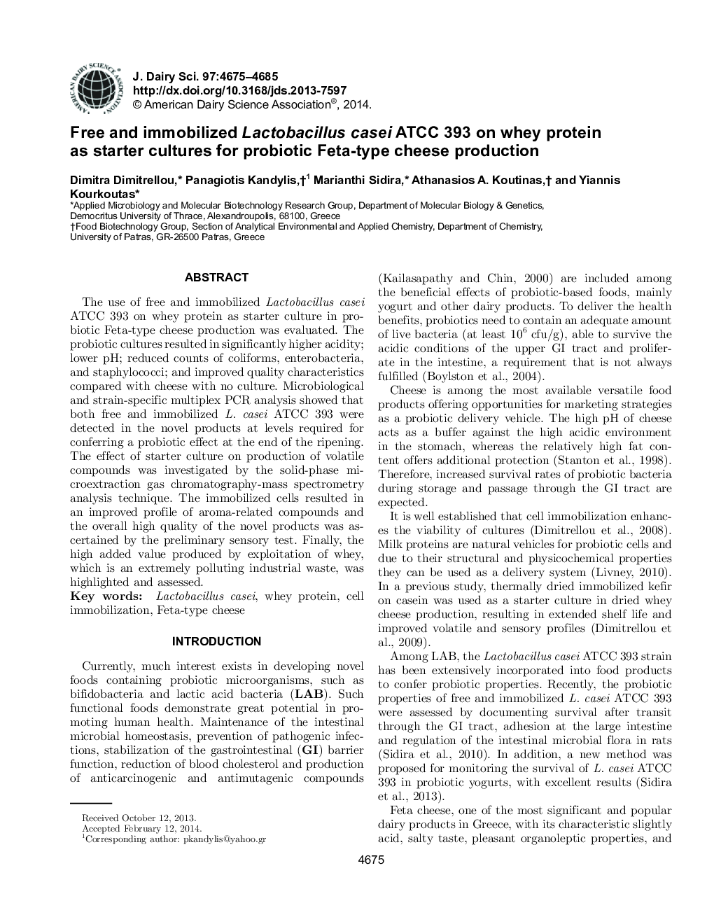 Free and immobilized Lactobacillus casei ATCC 393 on whey protein as starter cultures for probiotic Feta-type cheese production