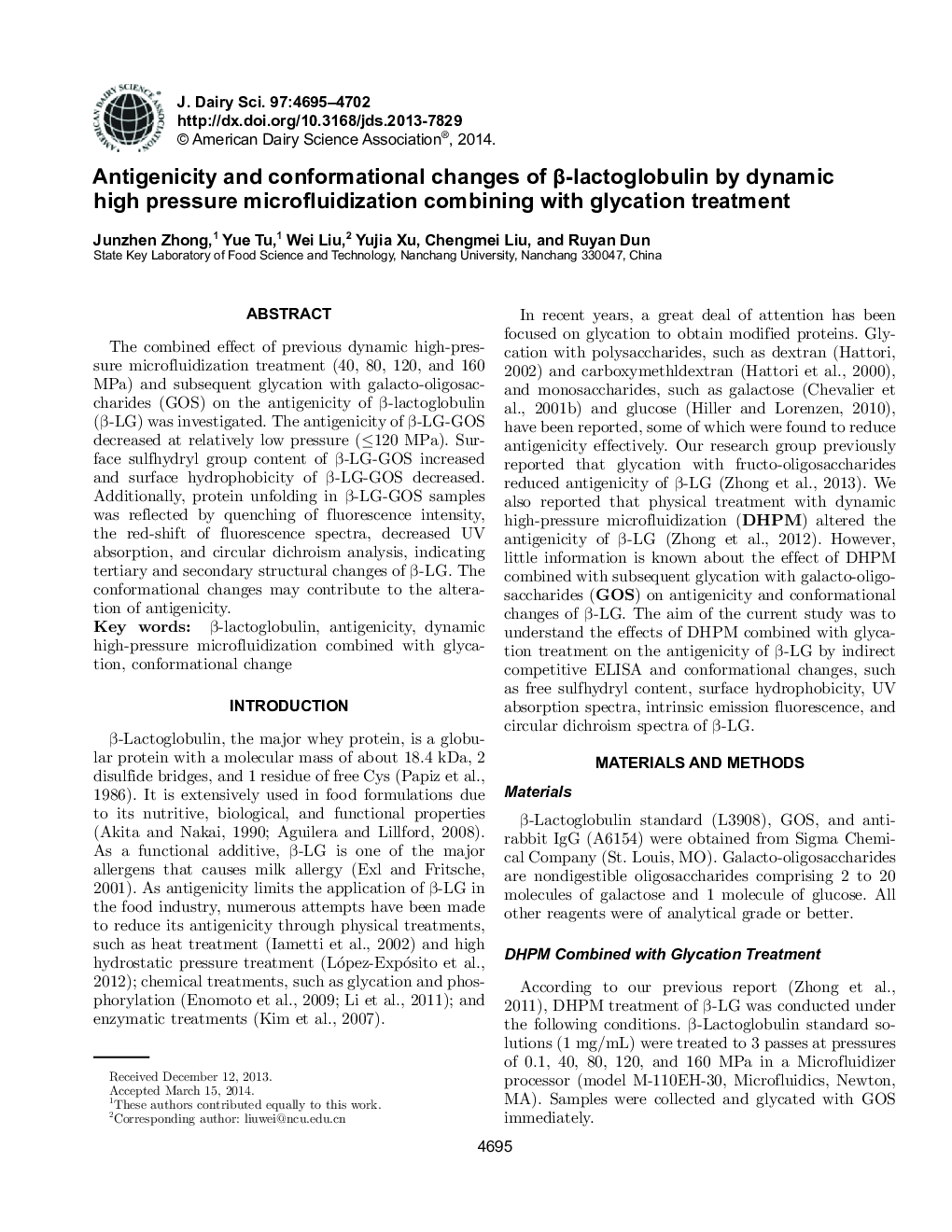 Antigenicity and conformational changes of Î²-lactoglobulin by dynamic high pressure microfluidization combining with glycation treatment