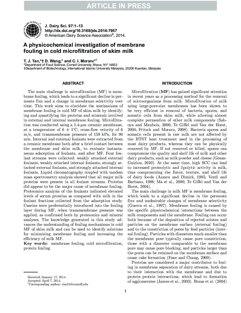 A physicochemical investigation of membrane fouling in cold microfiltration of skim milk