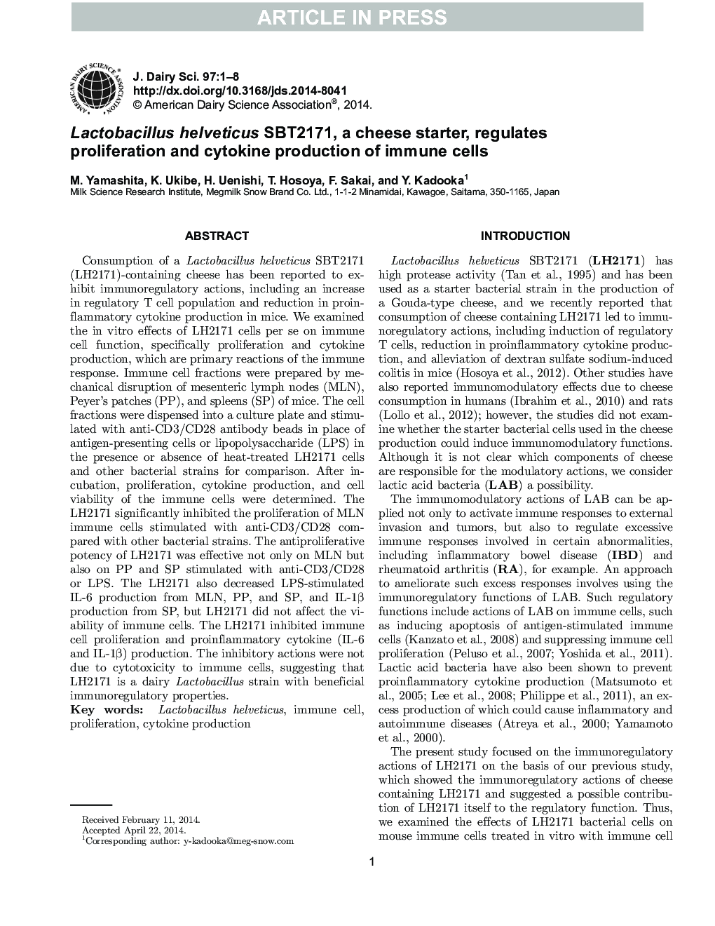 Lactobacillus helveticus SBT2171, a cheese starter, regulates proliferation and cytokine production of immune cells