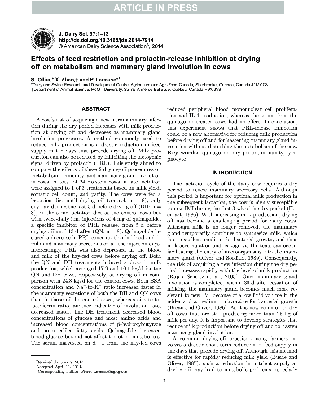 Effects of feed restriction and prolactin-release inhibition at drying off on metabolism and mammary gland involution in cows