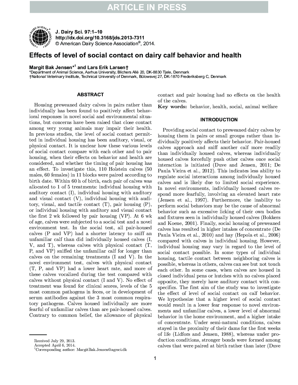 Effects of level of social contact on dairy calf behavior and health