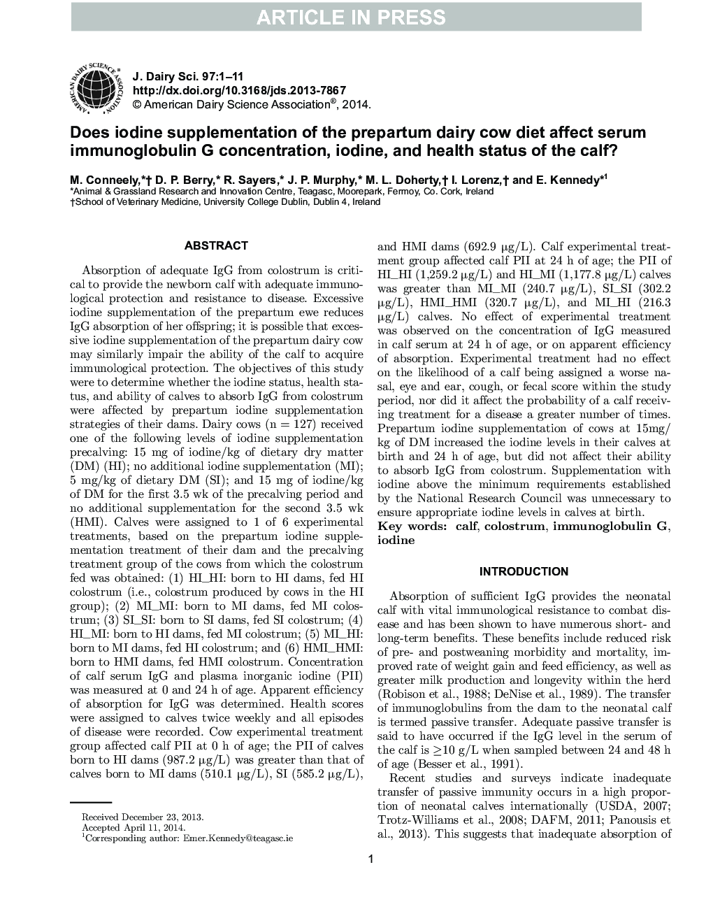 عکس صفحه اول مقاله: Does iodine supplementation of the prepartum dairy cow diet affect serum immunoglobulin G concentration, iodine, and health status of the calf? Does iodine supplementation of the prepartum dairy cow diet affect serum immunoglobulin G concentration, iodine, and health status of the calf?