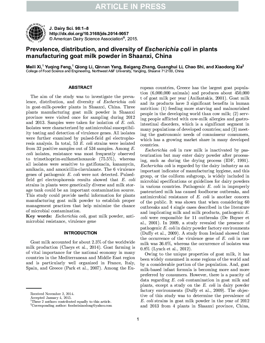 Prevalence, distribution, and diversity of Escherichia coli in plants manufacturing goat milk powder in Shaanxi, China