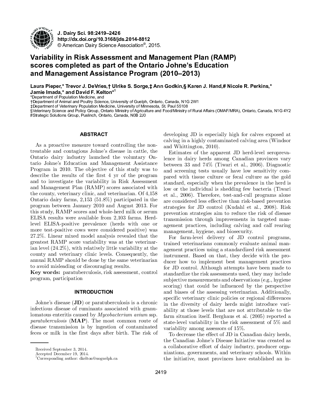 Variability in Risk Assessment and Management Plan (RAMP) scores completed as part of the Ontario Johne's Education and Management Assistance Program(2010-2013)