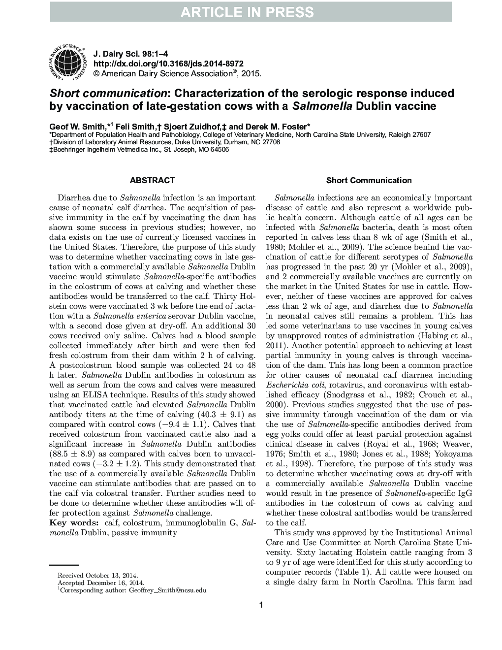 Short communication: Characterization of the serologic response induced by vaccination of late-gestation cows with a Salmonella Dublin vaccine