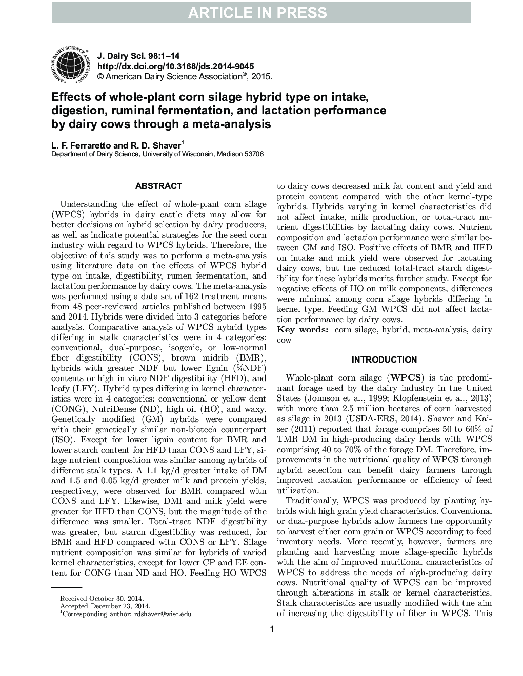 Effects of whole-plant corn silage hybrid type on intake, digestion, ruminal fermentation, and lactation performance by dairy cows through a meta-analysis