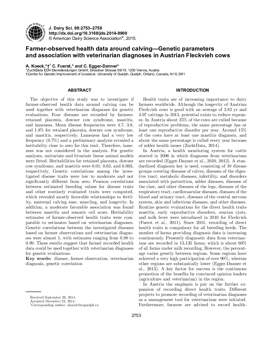 Farmer-observed health data around calving-Genetic parameters and association with veterinarian diagnoses in Austrian Fleckvieh cows