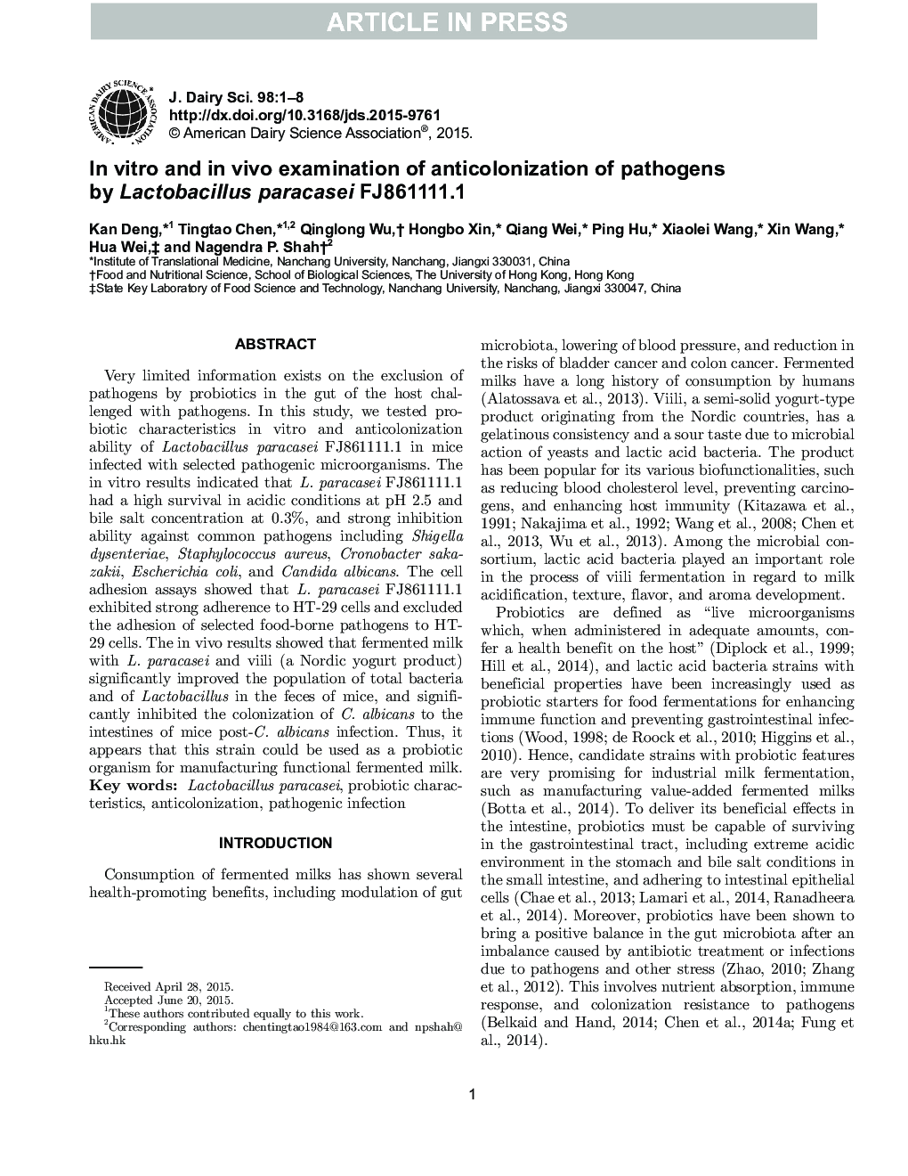 In vitro and in vivo examination of anticolonization of pathogens by Lactobacillus paracasei FJ861111.1