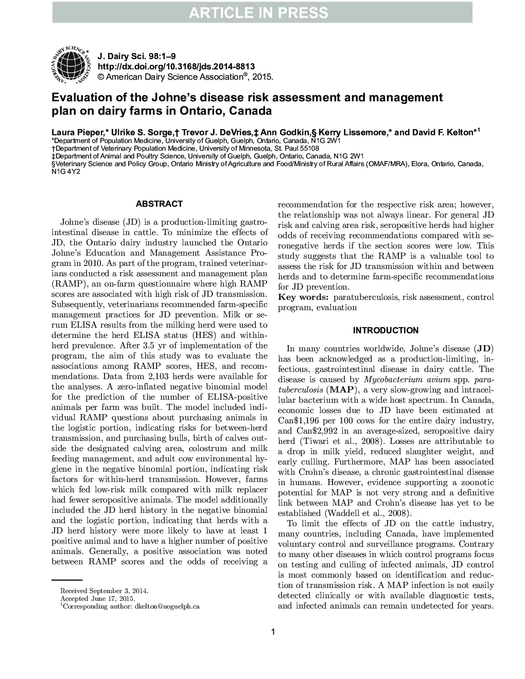 Evaluation of the Johne's disease risk assessment and management plan on dairy farms in Ontario, Canada