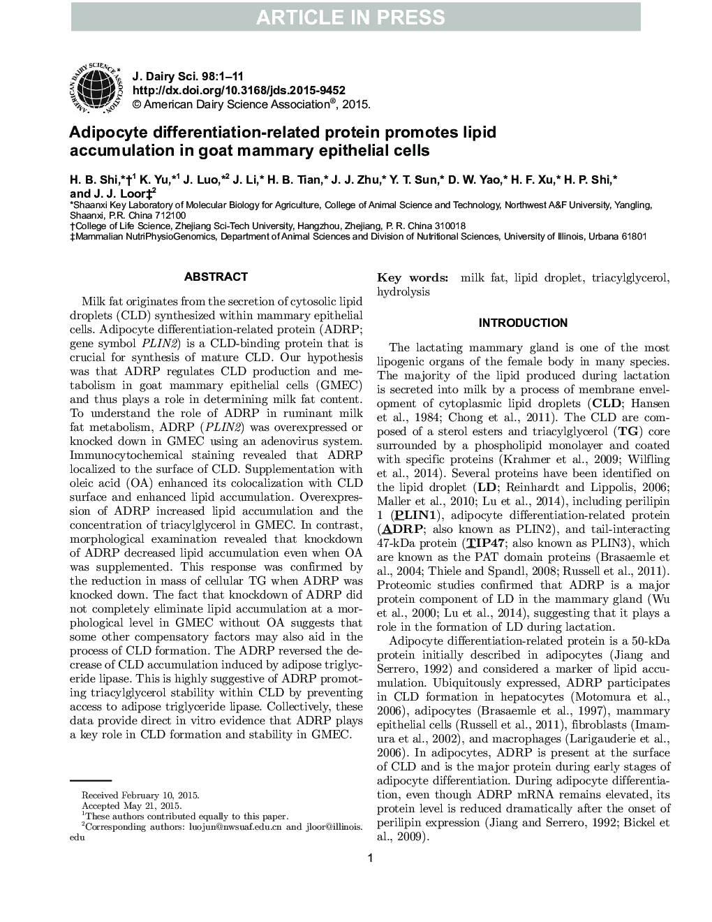 Adipocyte differentiation-related protein promotes lipid accumulation in goat mammary epithelial cells