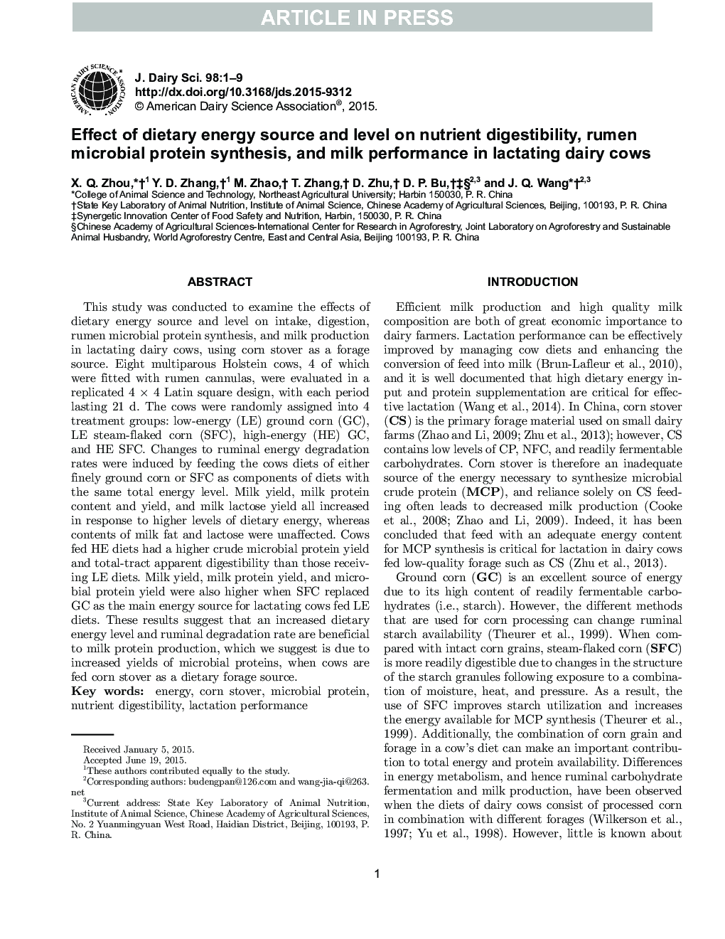 Effect of dietary energy source and level on nutrient digestibility, rumen microbial protein synthesis, and milk performance in lactating dairy cows
