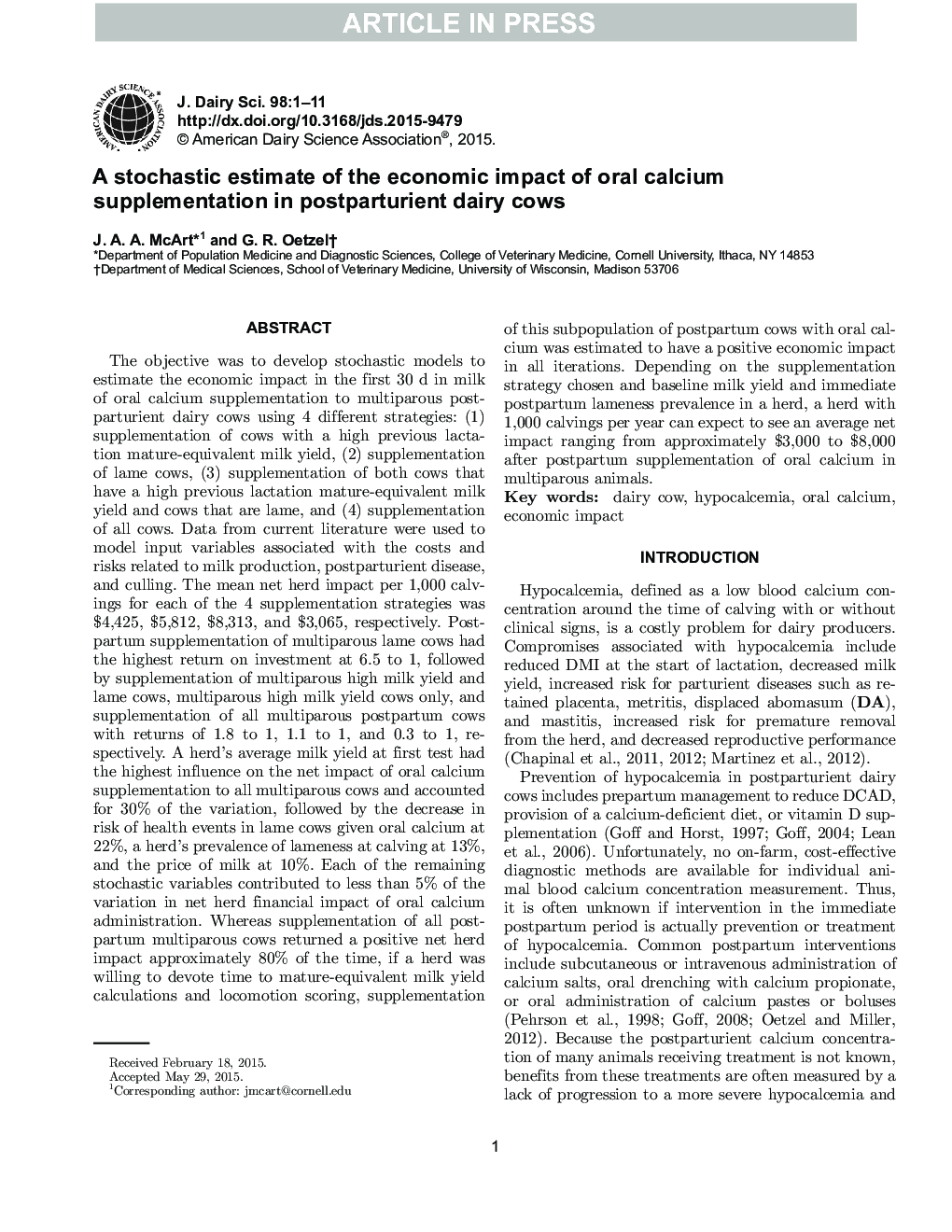 A stochastic estimate of the economic impact of oral calcium supplementation in postparturient dairy cows