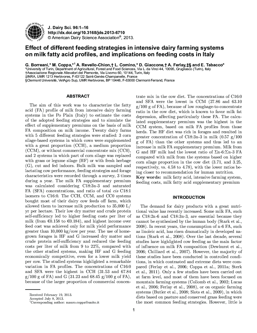 Effect of different feeding strategies in intensive dairy farming systems on milk fatty acid profiles, and implications on feeding costs in Italy