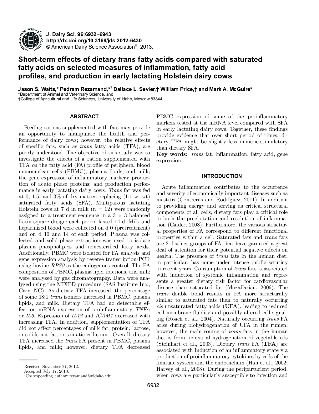 Short-term effects of dietary trans fatty acids compared with saturated fatty acids on selected measures of inflammation, fatty acid profiles, and production in early lactating Holstein dairy cows