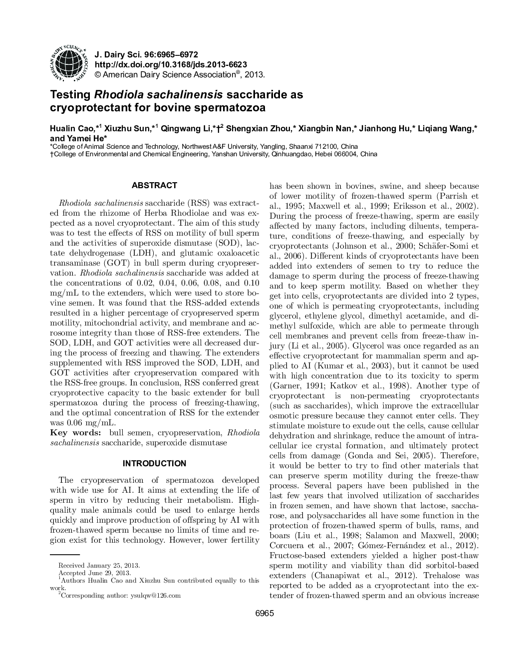 Testing Rhodiola sachalinensis saccharide as cryoprotectant for bovine spermatozoa