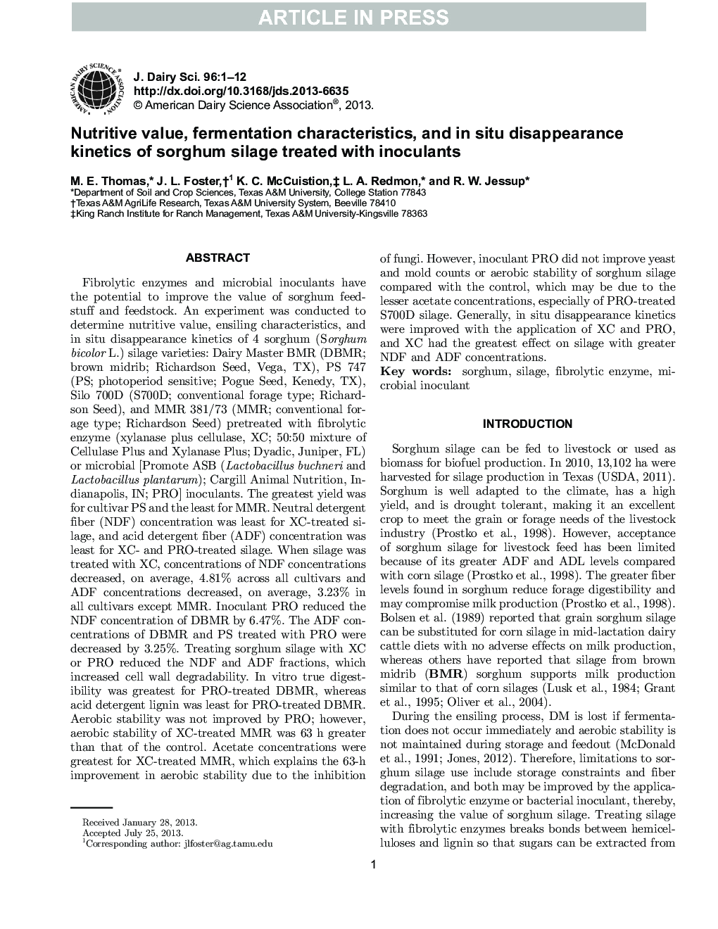 Nutritive value, fermentation characteristics, and in situ disappearance kinetics of sorghum silage treated with inoculants