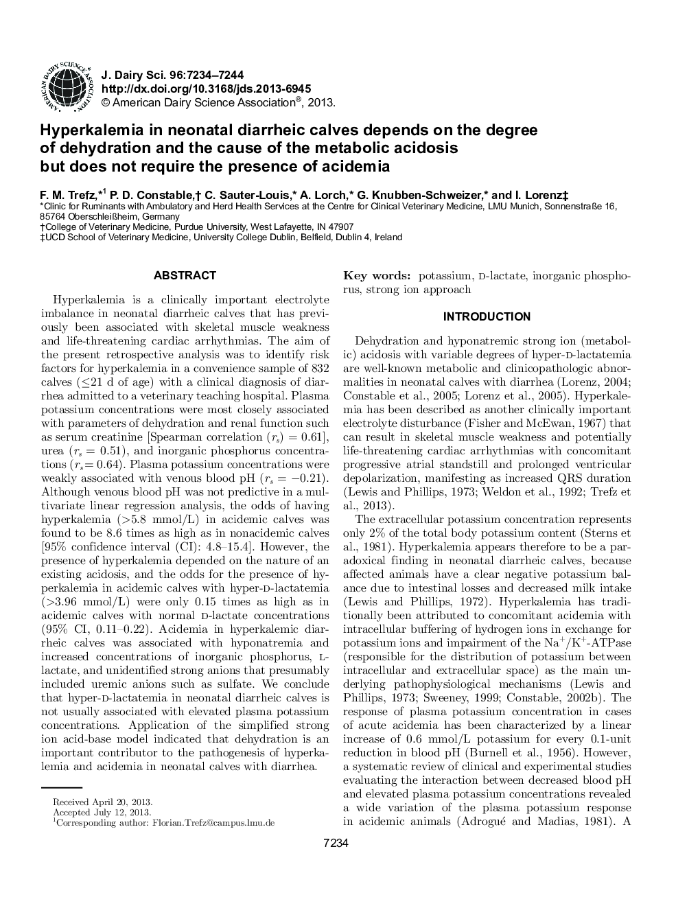 Hyperkalemia in neonatal diarrheic calves depends on the degree of dehydration and the cause of the metabolic acidosis but does not require the presence of acidemia