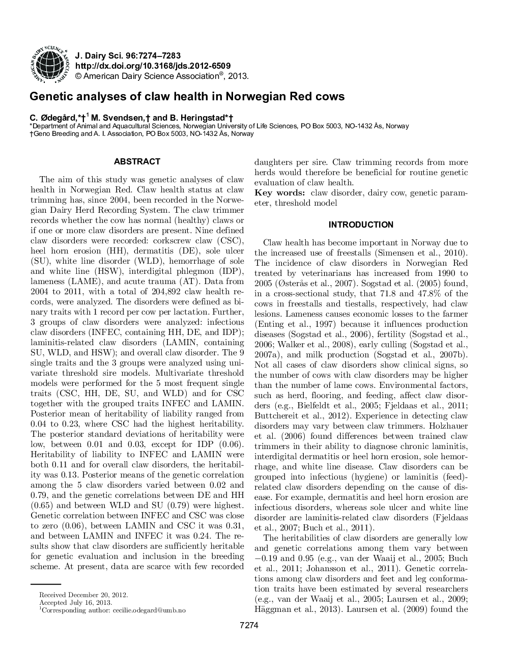 Genetic analyses of claw health in Norwegian Red cows