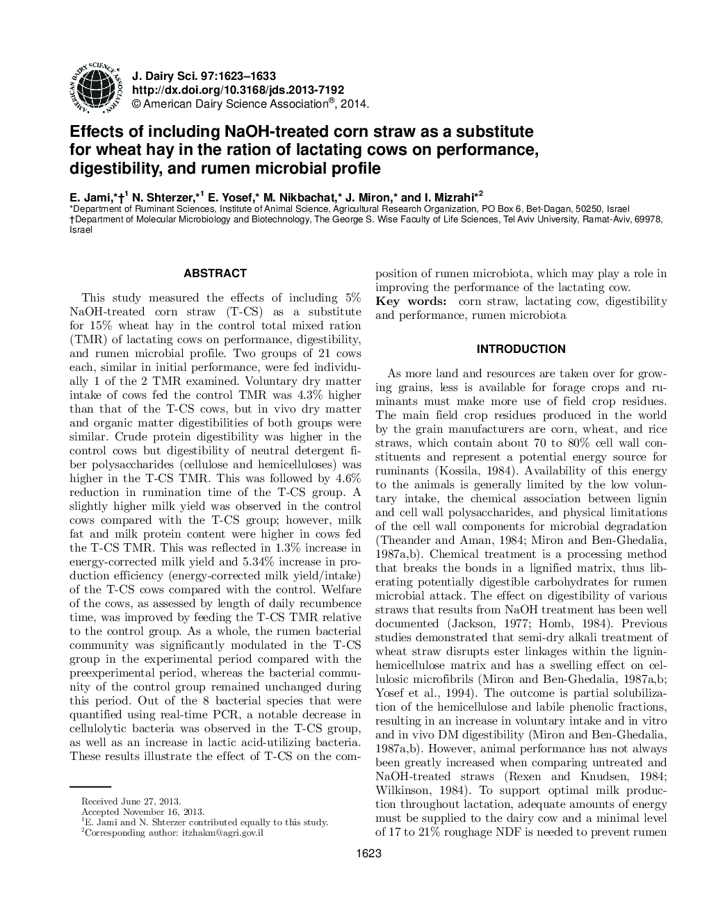 Effects of including NaOH-treated corn straw as a substitute for wheat hay in the ration of lactating cows on performance, digestibility, and rumen microbial profile