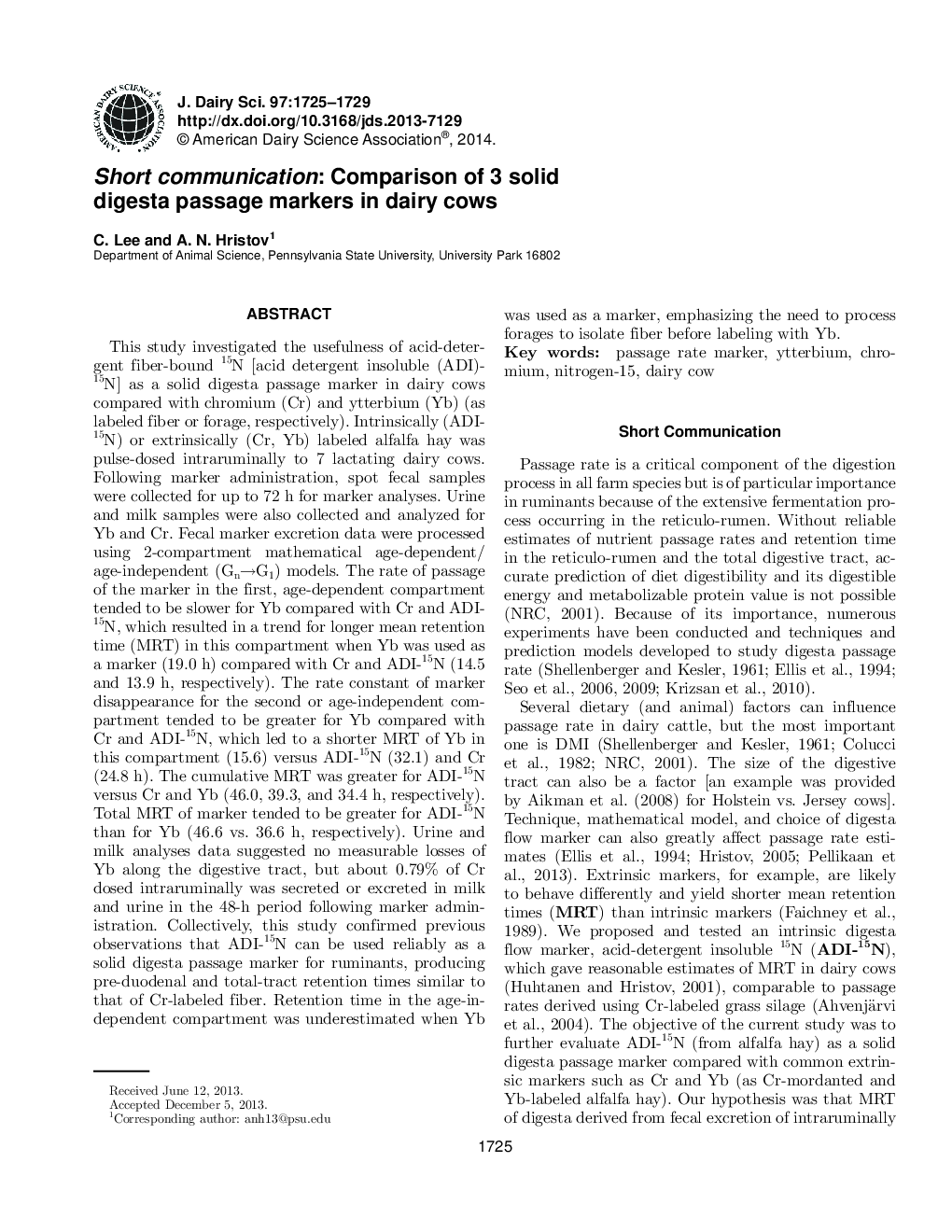 Short communication: Comparison of 3 solid digesta passage markers in dairy cows