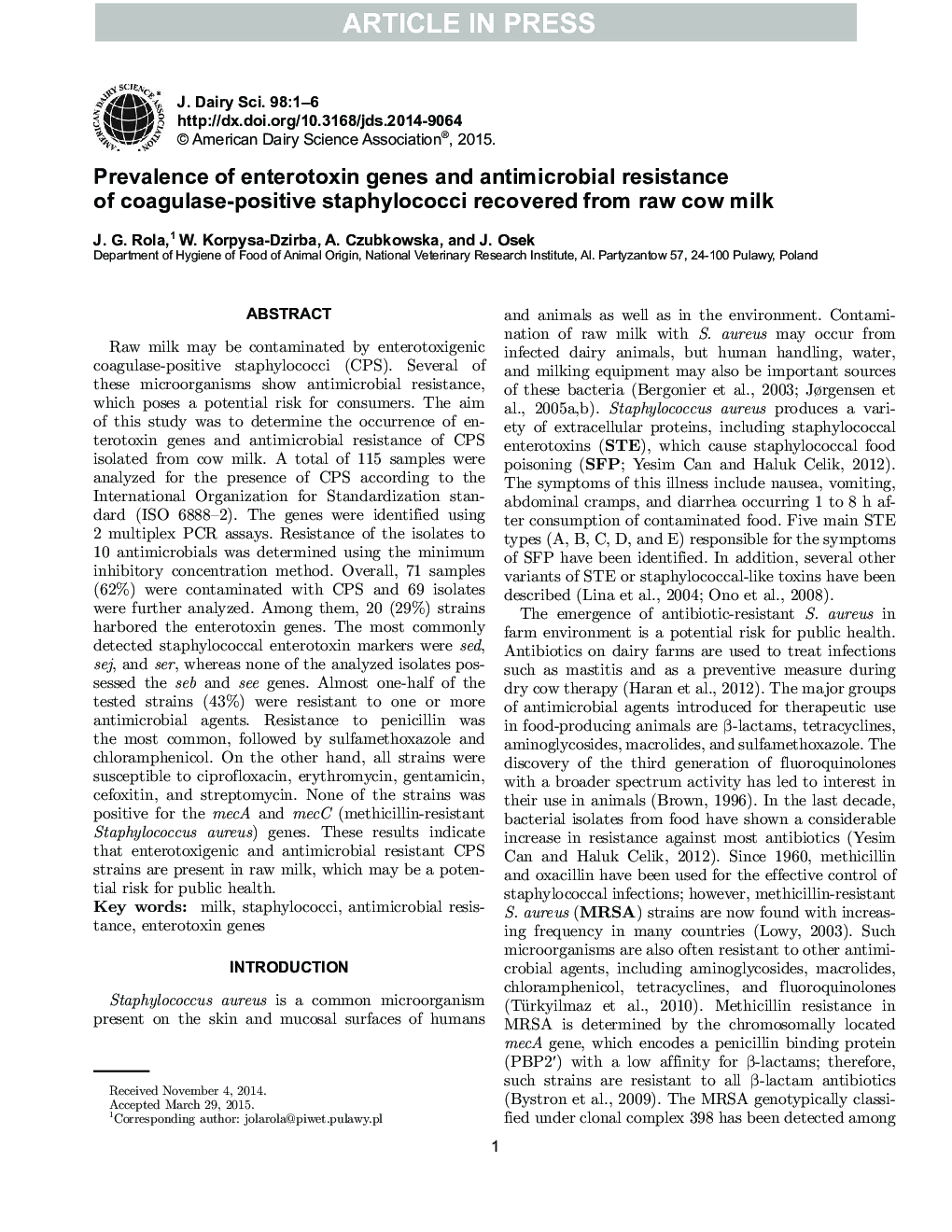 Prevalence of enterotoxin genes and antimicrobial resistance of coagulase-positive staphylococci recovered from raw cow milk