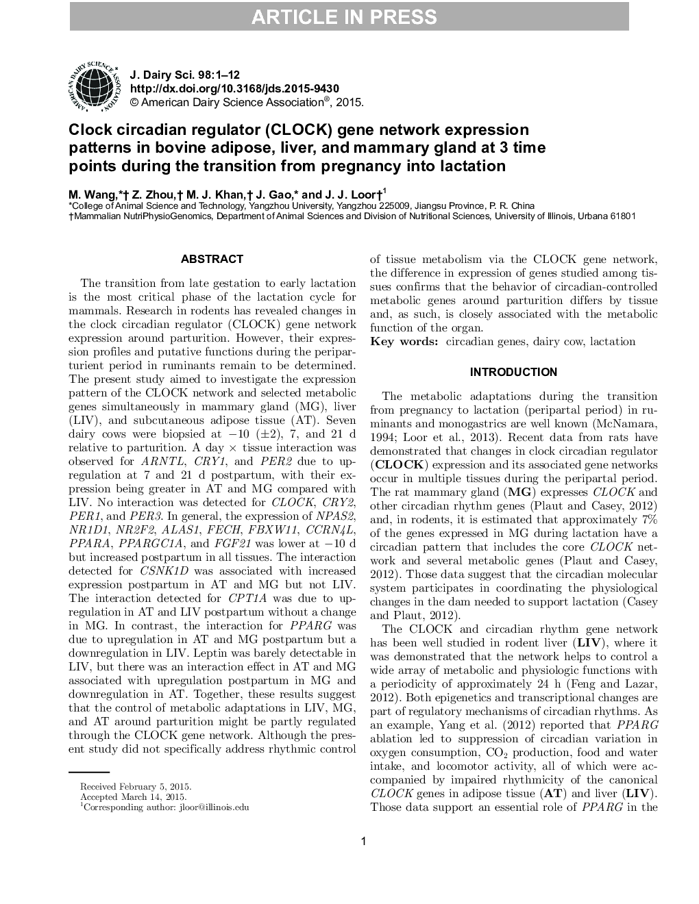 Clock circadian regulator (CLOCK) gene network expression patterns in bovine adipose, liver, and mammary gland at 3 time points during the transition from pregnancy into lactation