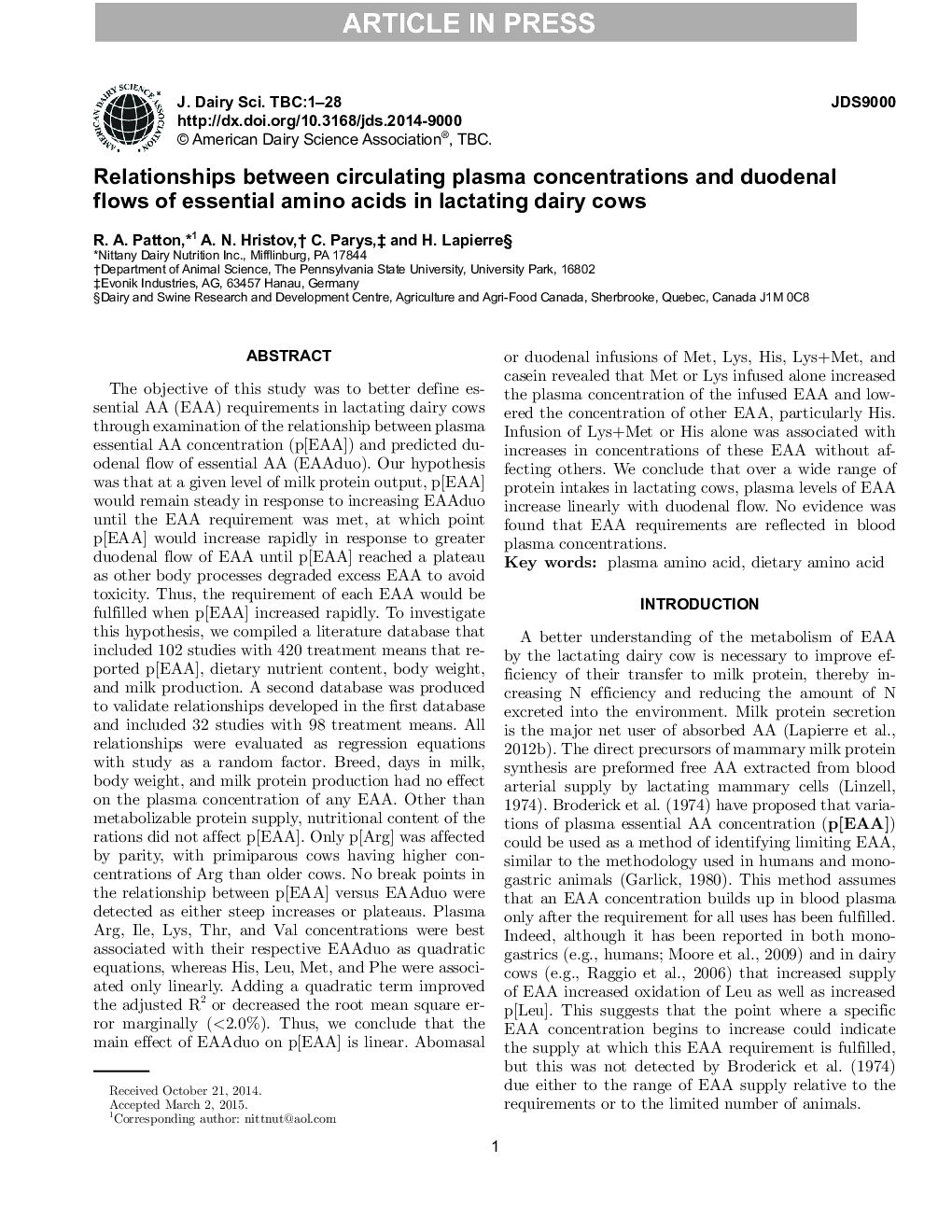 Relationships between circulating plasma concentrations and duodenal flows of essential amino acids in lactating dairy cows