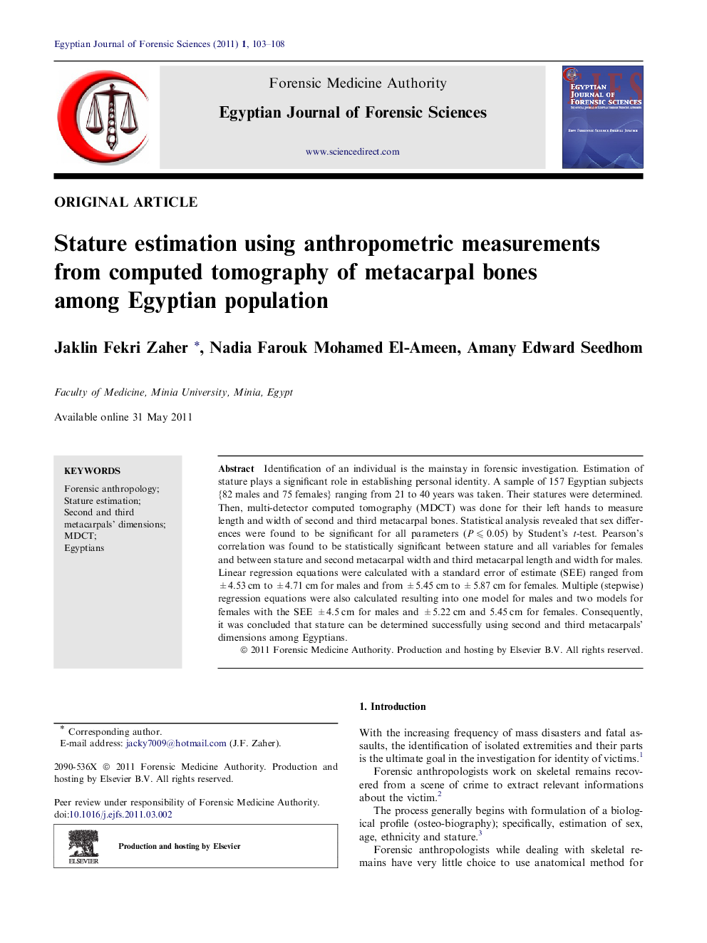 Stature estimation using anthropometric measurements from computed tomography of metacarpal bones among Egyptian population