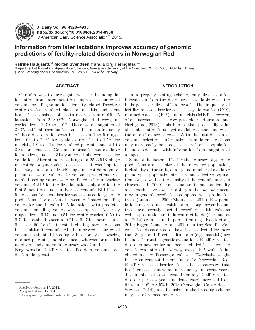 Information from later lactations improves accuracy of genomic predictions of fertility-related disorders in Norwegian Red