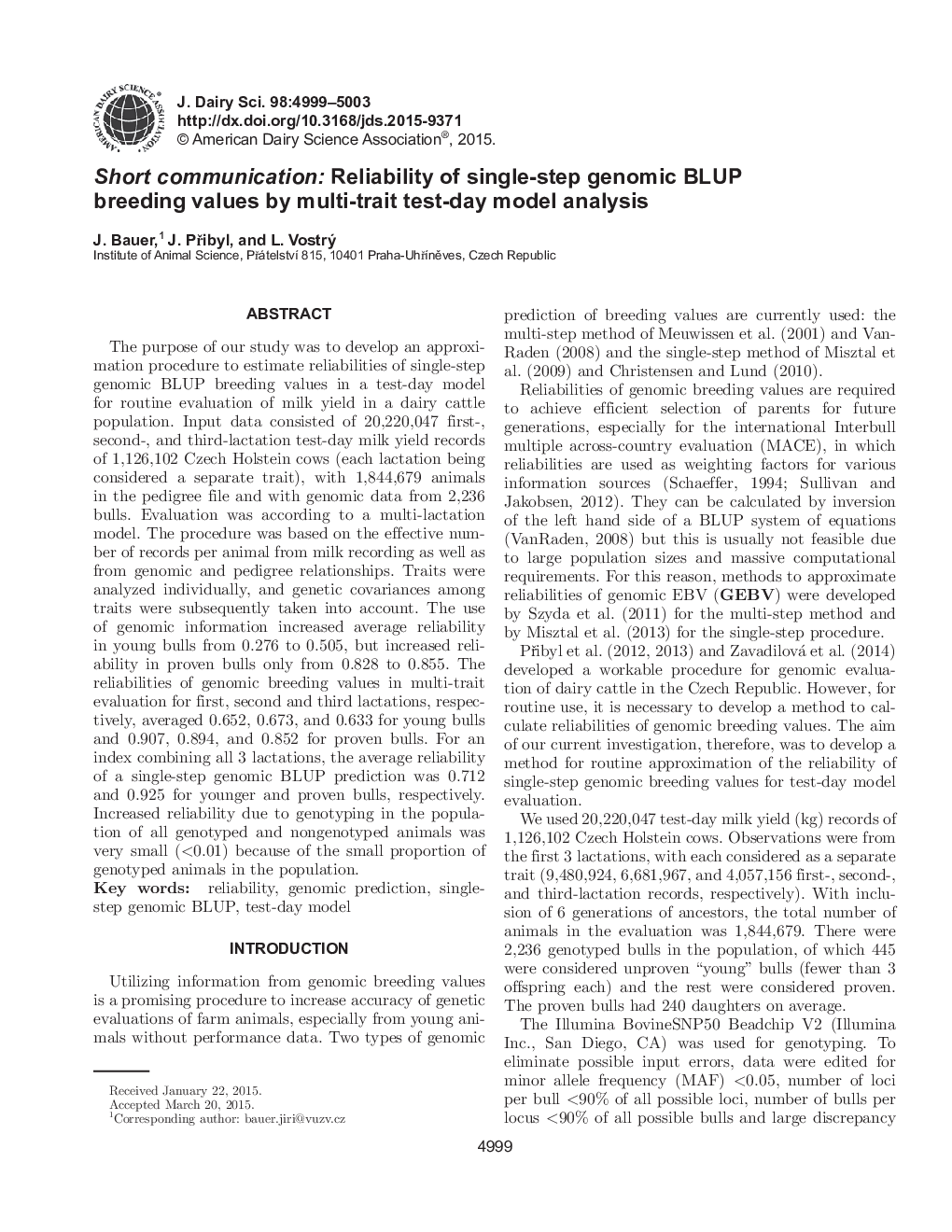 Short communication: Reliability of single-step genomic BLUP breeding values by multi-trait test-day model analysis