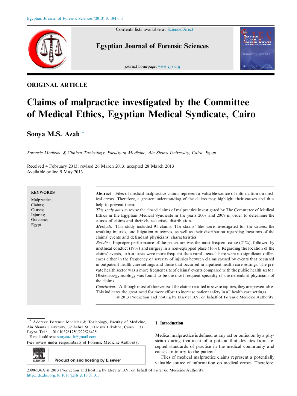 Claims of malpractice investigated by the Committee of Medical Ethics, Egyptian Medical Syndicate, Cairo 