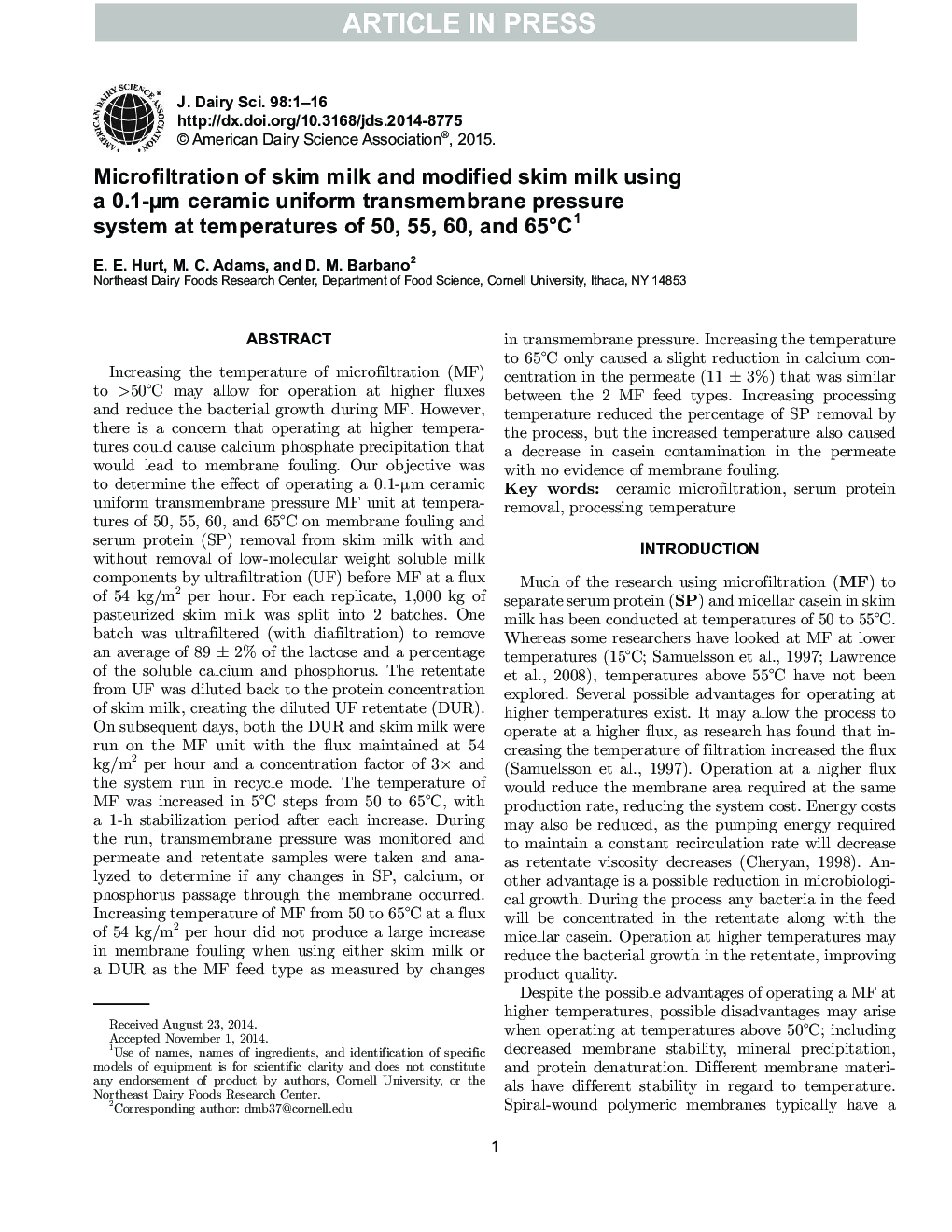 Microfiltration of skim milk and modified skim milk using a 0.1-Âµm ceramic uniform transmembrane pressure system at temperatures of 50, 55, 60, and 65Â°C1