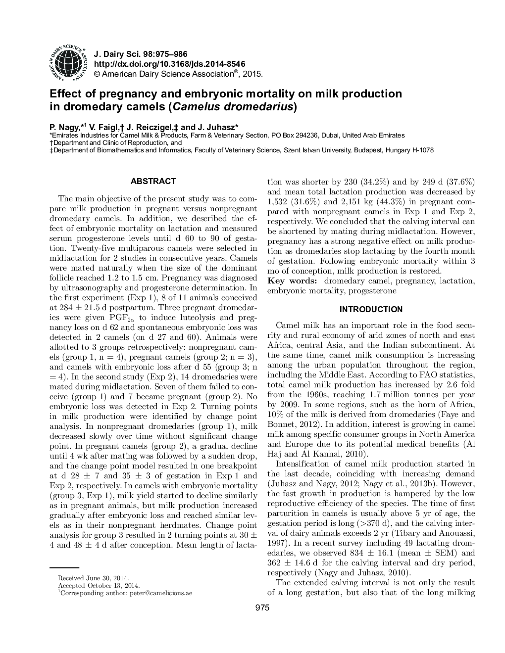 Effect of pregnancy and embryonic mortality on milk production in dromedary camels (Camelus dromedarius)