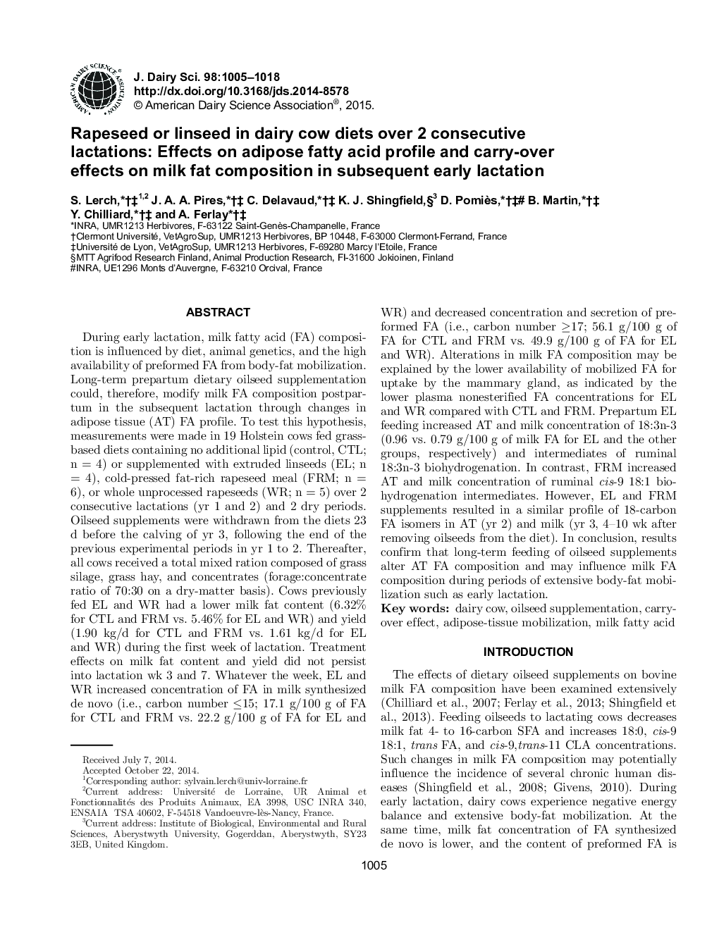 Rapeseed or linseed in dairy cow diets over 2 consecutive lactations: Effects on adipose fatty acid profile and carry-over effects on milk fat composition in subsequent early lactation