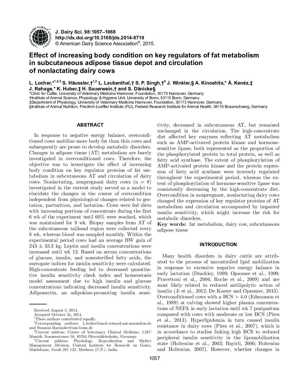 Effect of increasing body condition on key regulators of fat metabolism in subcutaneous adipose tissue depot and circulation of nonlactating dairy cows