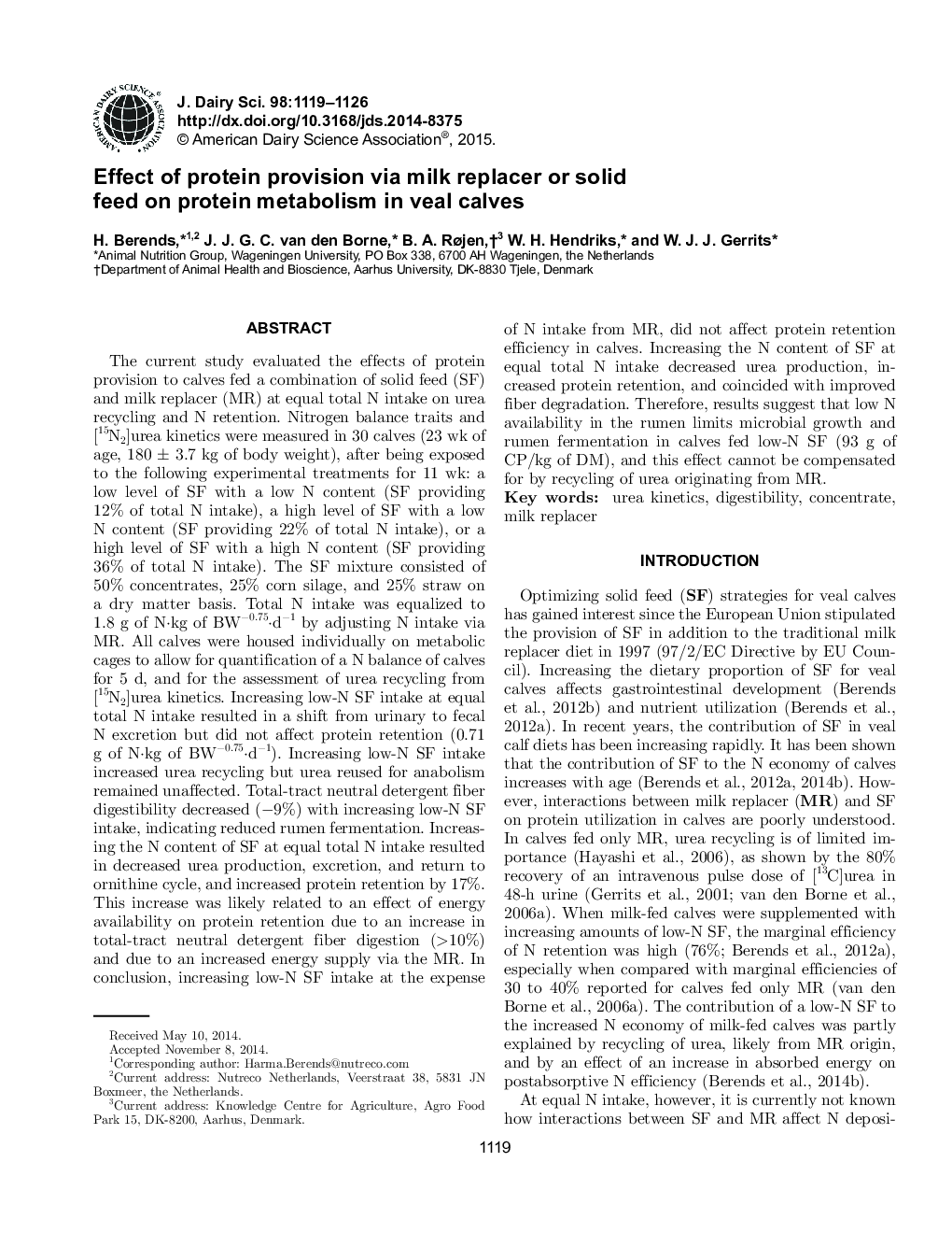 Effect of protein provision via milk replacer or solid feed on protein metabolism in veal calves