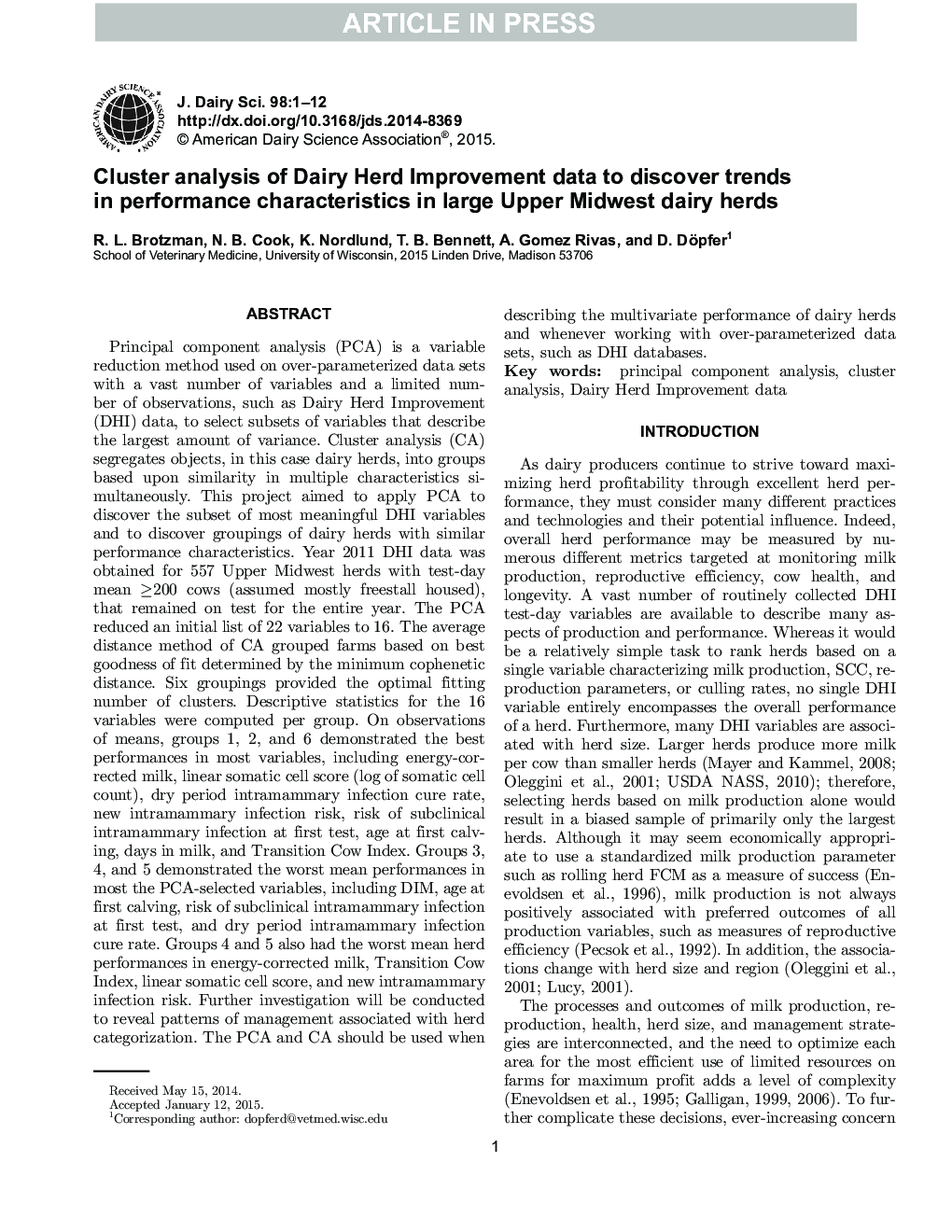 Cluster analysis of Dairy Herd Improvement data to discover trends in performance characteristics in large Upper Midwest dairy herds